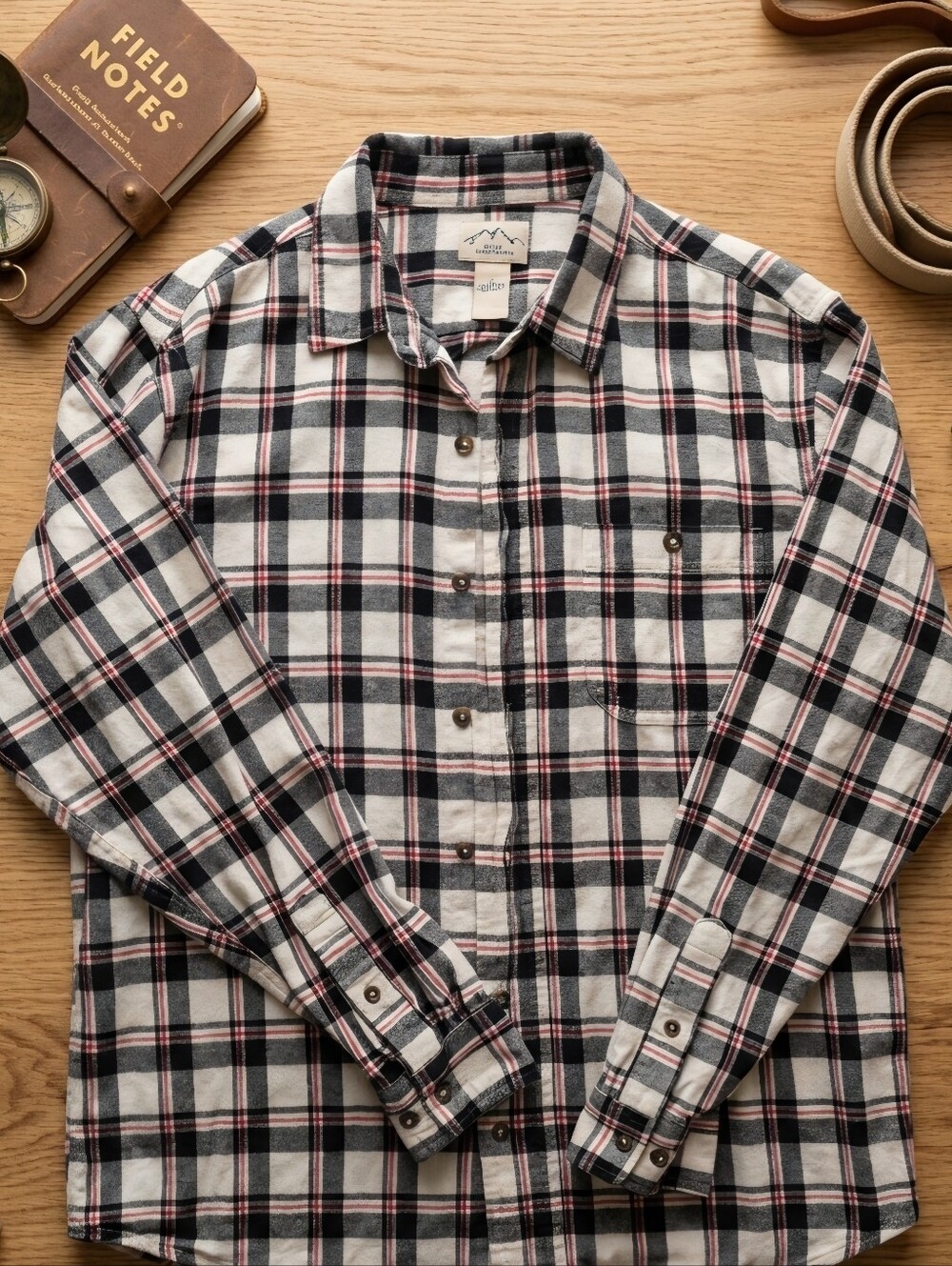 Blue Mountain Men's Flannel Shirt Plaid Long Sleeve Button Up Black Cream Red